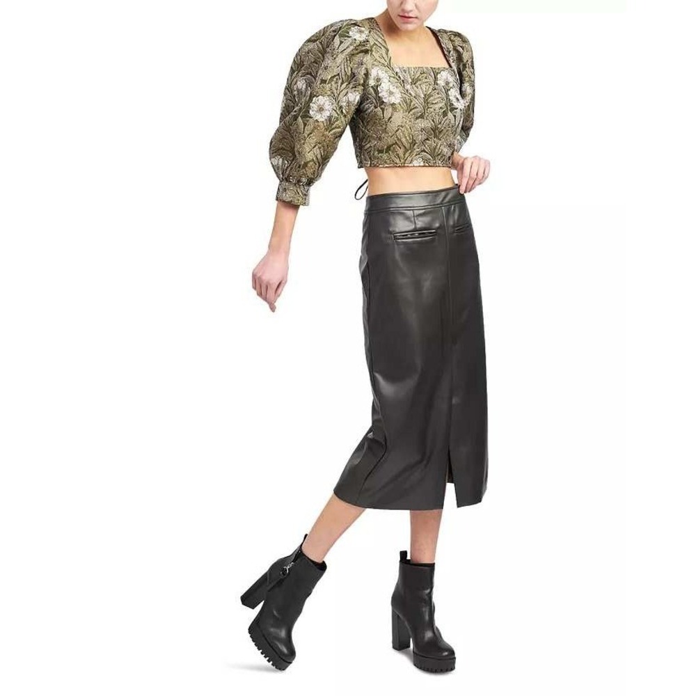 Faux Leather Midi Skirt High Waist Slit Pencil Career Black Size S /‎ #7203